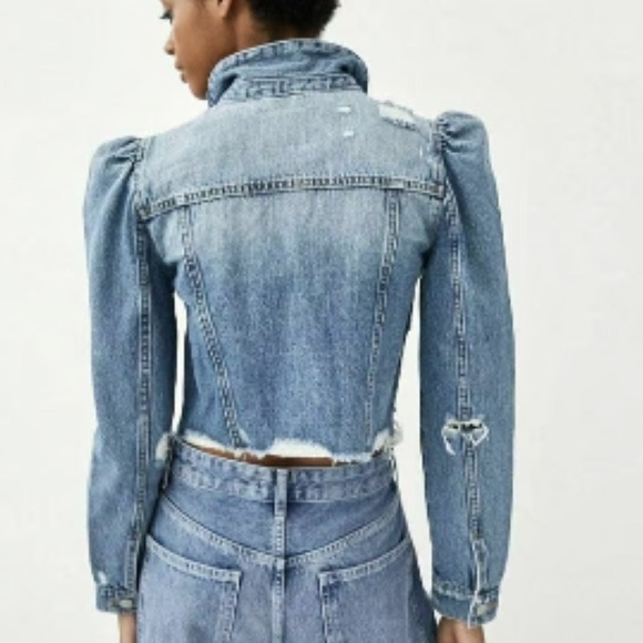 ZARA puffed Ripped Denim Jean Jacket - Picture 6 of 12